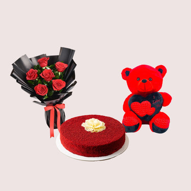 Red Velvet Cake with Roses & Teddy